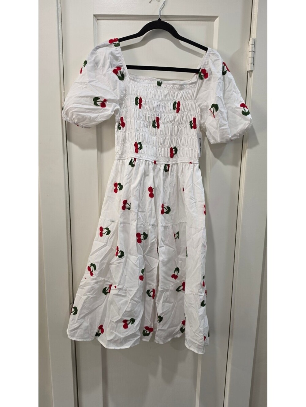 Kindred White Cherry Print Smocked Puff Sleeve Dress Size L NWOT
